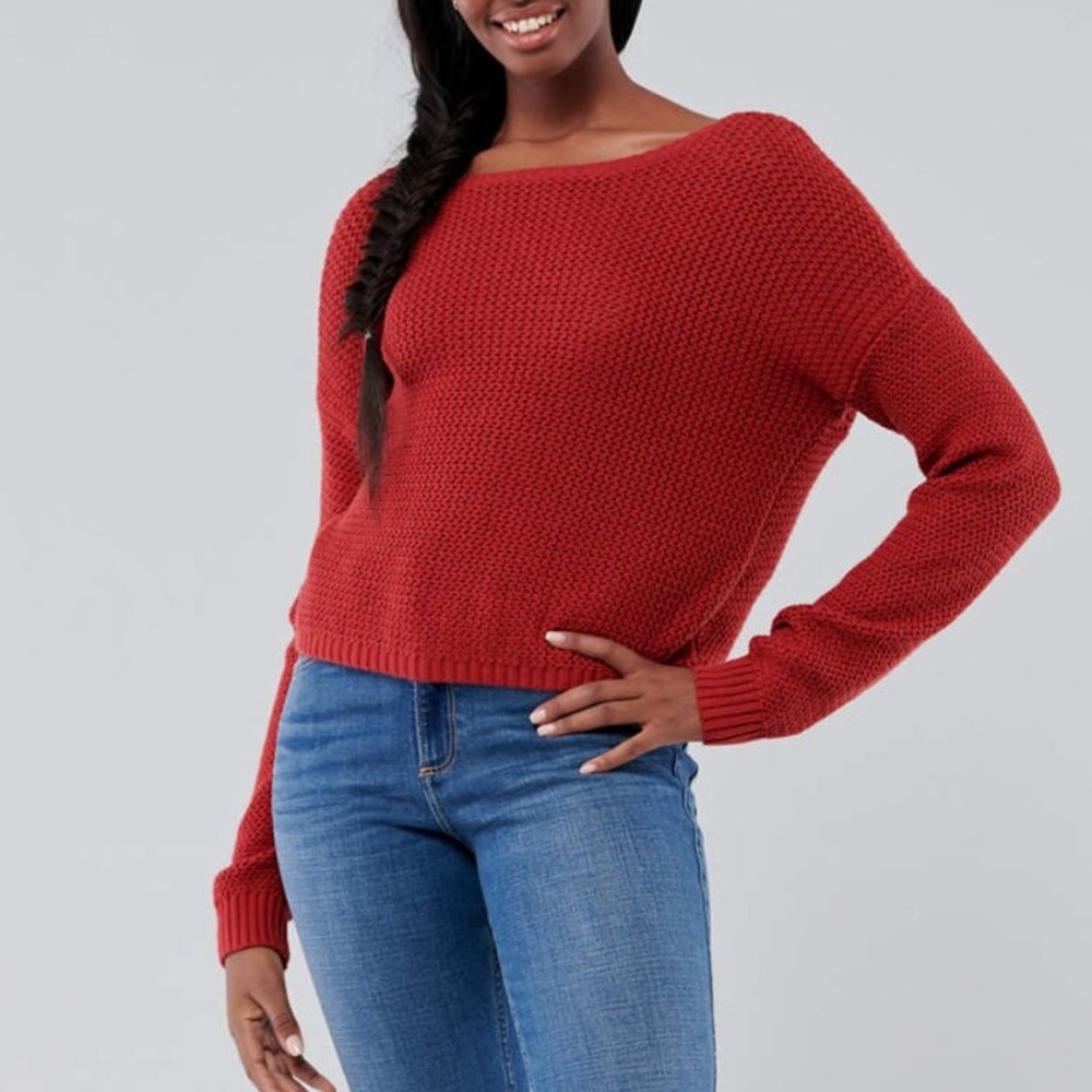Hollister Twist Open Back Loose Fit V Neck Long Sleeve Cozy Sweater Rust - Picture 2 of 6